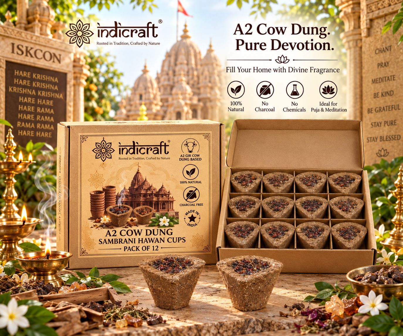 A2 Gir Cow Dung - Sambrani Hawan Cups for Pooja Rituals (Pack of 12)